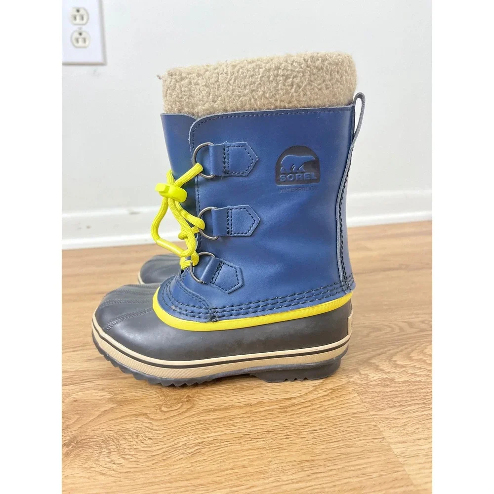 Sorel Winter Waterproof Snow Boots Kids 1 Navy Blue Yellow Yoot Pac NY1443-591